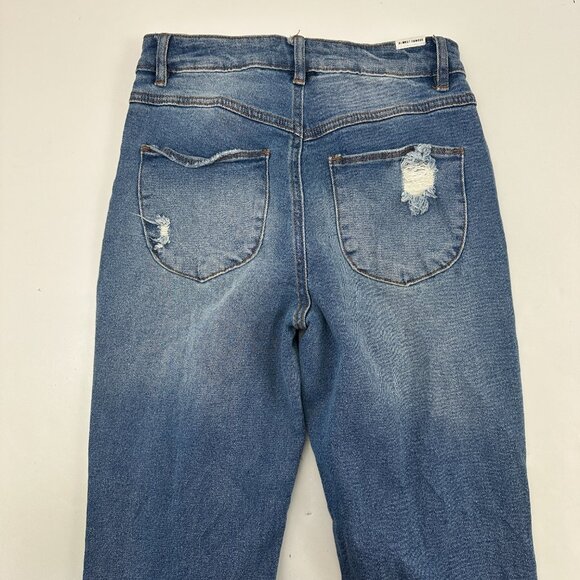 Almost Famous Flare Distressed Women's size 0 Dark Wash Blue Denim jeans   Great - Picture 5 of 5